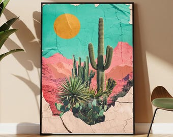 Saguaro Cactus Poster, Desert Southwest Landscape, Retro Western Wall Art Print