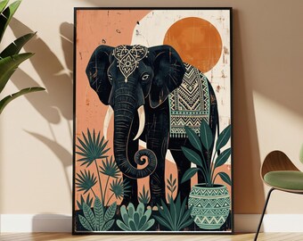 Poster con elefante, arte murale boho con animali, arte popolare etnica vintage, stampa ornamentale color pesca e verde acqua