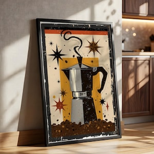 May include: Framed vintage-style coffee art print. The artwork features a silver and black stovetop espresso maker with steam rising, set against a yellow and beige background with starburst accents and coffee beans at the bottom.