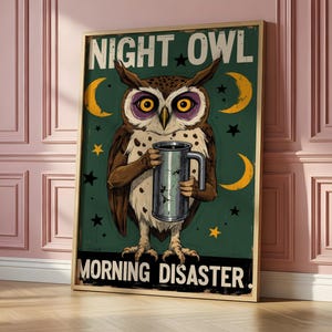 Night Owl Poster, Bird Holding Coffee Pot, Vintage Comic Wall Art, Eclectic Kitchen Decor