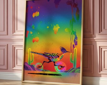 Roadrunner-Poster, Wandbild mit Wüstenvogelmotiv, psychedelische Neon-Farbverlaufs-Pop-Art, Giclée-Druck im Südwest-Stil