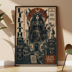 Lilithgudinnaposter, gotisk feminin art nouveau, ockult väggkonst, mystiskt vintagetryck, sepiablågrön