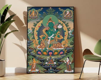 Poster da parete di Tara Verde, opera d'arte buddista raffigurante la dea in meditazione, Thangka tibetano, decorazione per il soggiorno.