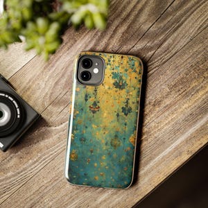 Damast Tufft Telefonskal Vintage Distressed Blommönster Blågrönt Guld Rustikt Boho Telefonskal