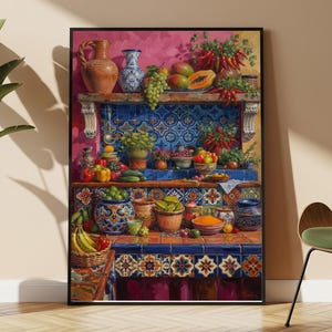 May include: A framed wall art print depicting a vibrant kitchen scene with tiered shelves covered in blue and white patterned tiles. The shelves are filled with various pottery, baskets of fresh fruit, vegetables, and bunches of red chili peppers.