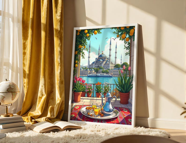 Istanbul Poster, Turkish Tea Set Blue Mosque Travel Art, Turquoise ...
