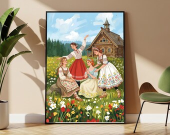 Russian Folk Poster, Traditional Dancers In Flower Meadow, Slavic Doll Art Illustration, Cottage Wall Art
