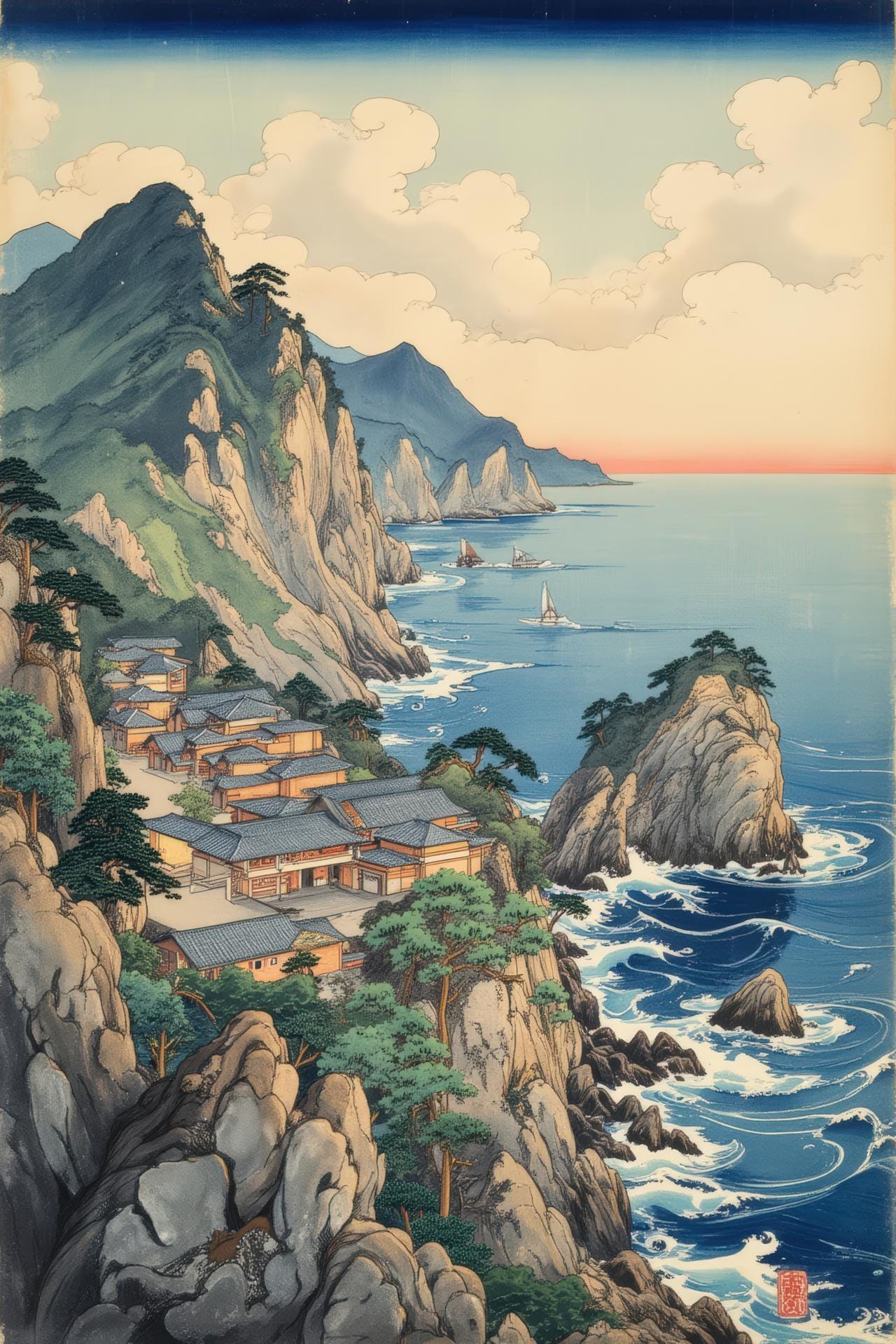 Seaside Town Poster, Coastal Travel Landscape, Japanese Woodblock