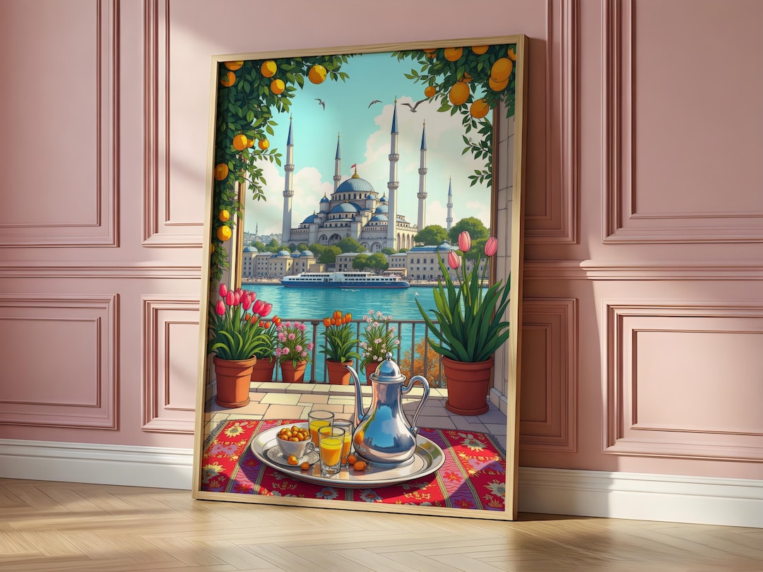 Istanbul Poster, Turkish Tea Set Blue Mosque Travel Art, Turquoise ...
