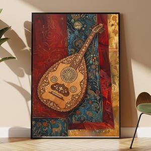 May include: A framed wall art print featuring a detailed illustration of an oud string instrument. The oud is centered against a rich background of deep red, blue, and gold fabric patterns, incorporating intricate floral motifs and animal figures.