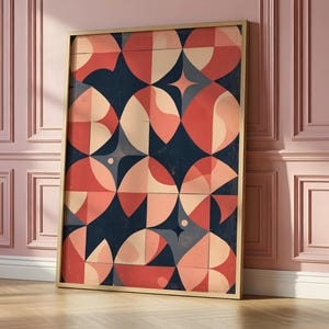 Bauhaus Abstrakt Poster Geometriska Former Marinblå Persika Retro Rum Väggkonsttryck