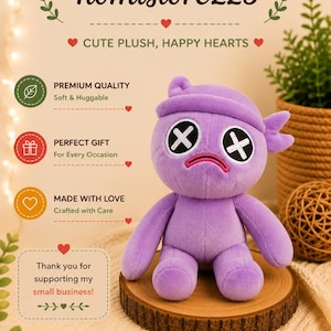 May include: A soft, purple plush toy with stitched cross-shaped eyes and a downturned mouth. The toy is on a wooden slice, with text that reads "CUTE PLUSH, HAPPY HEARTS" and "PREMIUM QUALITY". The image also includes the text "nomistore223".