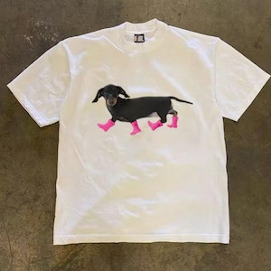 Funny Dachshund Printed Cotton T-shirt,Heavyweight Thick Short Sleeve, Couple Style Versatile Top, Unisex Loose Tee, Niche Unique Trendy T