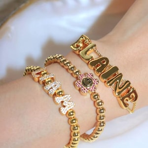 18K Gold Plated Brass Beaded Bracelet,Smiley Flower Charm Bangle,Colorful CZ Inlaid Jewelry,Elastic Stretch Statement Accessory,Gift For Her