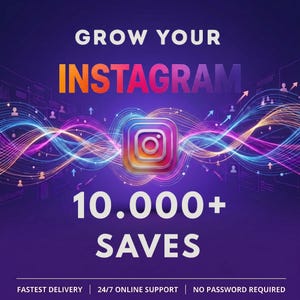 May include: A digital graphic on a dark purple background featuring the Instagram logo centered amidst colorful, glowing light waves. The text reads GROW YOUR INSTAGRAM, 10.000+ SAVES, FASTEST DELIVERY, 24/7 ONLINE SUPPORT, and NO PASSWORD REQUIRED.