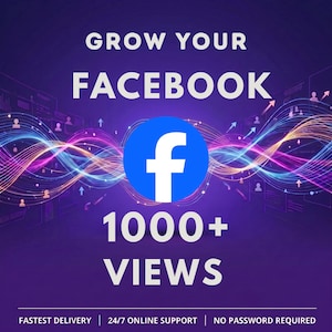 May include: A purple graphic advertisement featuring the white text GROW YOUR FACEBOOK 1000+ VIEWS, a central blue Facebook logo, and abstract colorful light waves. The bottom includes the text FASTEST DELIVERY | 24/7 ONLINE SUPPORT | NO PASSWORD REQUIRED.