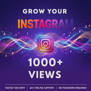 Peut inclure: Un graphique numérique sur fond violet foncé avec le texte blanc GROW YOUR INSTAGRAM, le logo Instagram et le texte 1000+ VIEWS. En dessous figurent les mentions FASTEST DELIVERY, 24/7 ONLINE SUPPORT et NO PASSWORD REQUIRED.