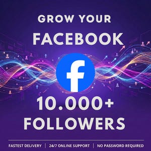 May include: A purple digital graphic featuring the white text GROW YOUR FACEBOOK, a blue circular Facebook logo, and the text 10.000+ FOLLOWERS. The background displays abstract, glowing, multi-colored light waves and small white user icons.