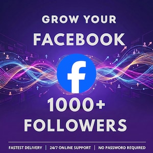 May include: A digital graphic on a purple background featuring the white text GROW YOUR FACEBOOK 1000+ FOLLOWERS. A central blue circle displays the white Facebook logo, surrounded by colorful, glowing, abstract light waves and small user icons.