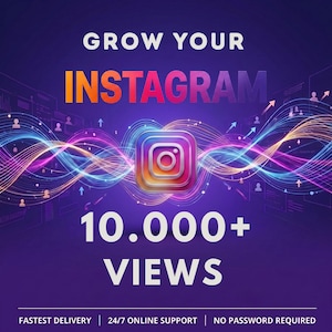 May include: A digital graphic on a dark purple background featuring the Instagram logo centered amidst colorful, glowing light waves. The text reads GROW YOUR INSTAGRAM, 10.000+ VIEWS, FASTEST DELIVERY, 24/7 ONLINE SUPPORT, and NO PASSWORD REQUIRED.