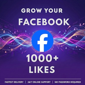 May include: A purple graphic featuring the text GROW YOUR FACEBOOK 1000+ LIKES with a central blue Facebook logo. The design includes abstract colorful light waves, upward arrows, and small user icons against a dark purple background.