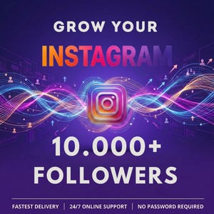 May include: A digital graphic on a dark purple background featuring the text GROW YOUR INSTAGRAM and 10.000+ FOLLOWERS in white and orange. The center displays the Instagram logo surrounded by colorful, glowing, wavy light lines and icons.