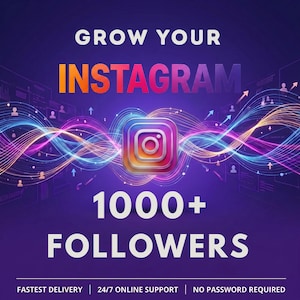 May include: A digital graphic on a dark purple background featuring the Instagram logo in the center. Text reads GROW YOUR INSTAGRAM 1000+ FOLLOWERS. Below, smaller text states FASTEST DELIVERY | 24/7 ONLINE SUPPORT | NO PASSWORD REQUIRED.