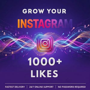 Peut inclure: Un graphique numérique sur fond violet avec le texte GROW YOUR INSTAGRAM et 1000+ LIKES. Au centre, le logo Instagram est entouré de lignes lumineuses ondulées et colorées, ainsi que de petites icônes d'utilisateurs sur un fond violet foncé.
