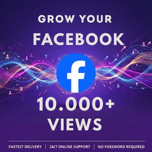 May include: A digital graphic on a purple background featuring the Facebook logo in a blue circle. Text reads: GROW YOUR FACEBOOK 10,000+ VIEWS. Below are the phrases: FASTEST DELIVERY | 24/7 ONLINE SUPPORT | NO PASSWORD REQUIRED. Abstract light waves.