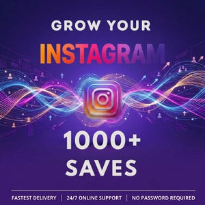May include: A digital graphic on a dark purple background featuring the text GROW YOUR INSTAGRAM in white and orange, the Instagram logo in the centre, and 1000+ SAVES in white. Wavy, colourful light streaks and small user icons surround the logo.