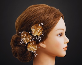 Conjunto de accesorios para el cabello de boda barrocos, diadema nupcial de perlas y flores de cobre hechas a mano y pinzas.