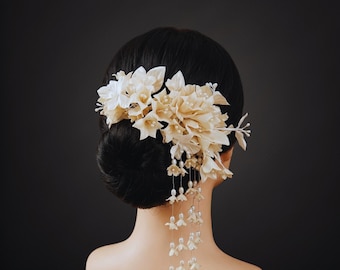 Flower hair barrettes Bridal wedding tiara alternative Floral pearl tassel hairpin
