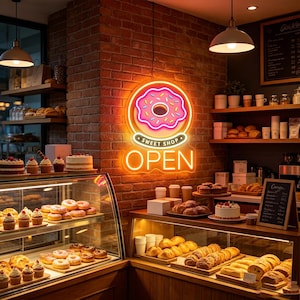 May include: A bright neon sign mounted on a red brick wall featuring a pink donut with colorful sprinkles above the text Sweet Shop and the word OPEN in large yellow letters, illuminating a bakery interior with glass display cases filled with pastries.