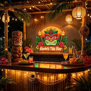 Może przedstawiać: Bar w stylu tiki z podświetlanym neonem z napisem Kevin's Tiki Bar, otoczony tropikalnymi liśćmi i kwiatami hibiskusa. Rzeźbiona drewniana figurka tiki stoi na ladzie obok szklanek z napojami oraz miski z owocami.