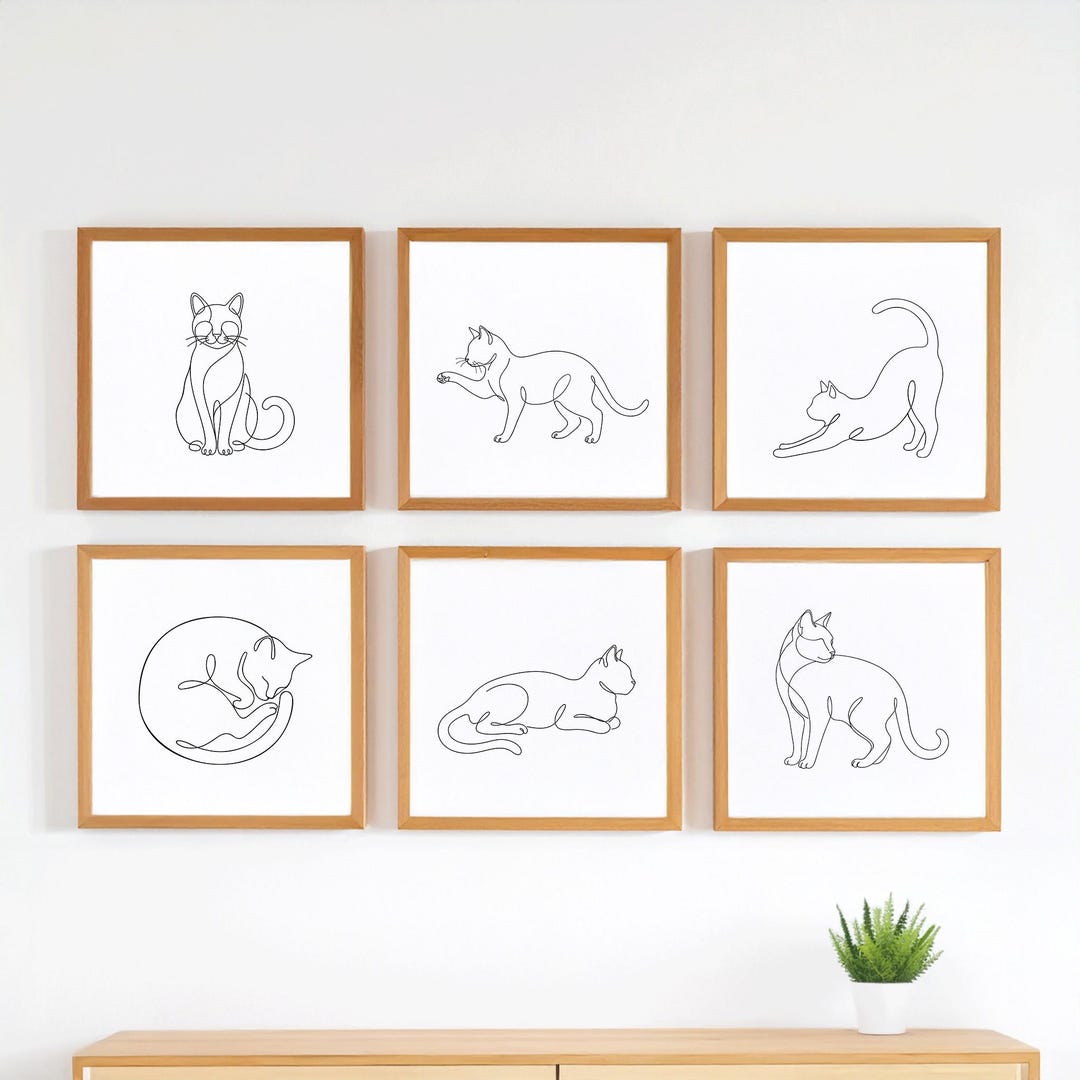Minimalist Cat Line Art Wall Art Set of 6, Printable Cat Wall Art ...