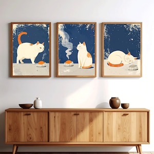 Retroposter med rostad sötpotatiskatt | Väggkonst med krämfärgad katt och Yakiimo-motiv | Japanskt vintagekatttryck | Kattkonst med mitten av århundradet | Digital nedladdning