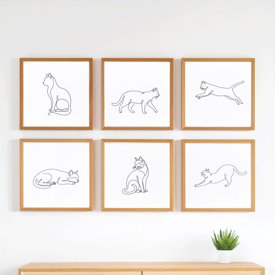 Cat Wall Art Print Set of 6 | Minimalist Line Art Black and White, Cat ...