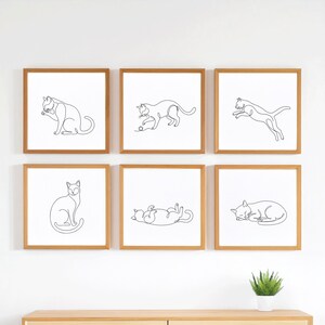 Elegant kattlinjeteckning, set om 6 | Chic minimalistisk kattväggkonst | Svartvitt katttryck | Sofistikerad kattaffisch | Digital nedladdning