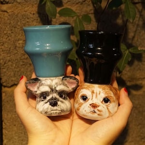 May include: Two ceramic planters, one teal and one black, each perched atop a whimsical animal head. The left planter features a dog's face, while the right one showcases a cat's face. The planters are held in front of a textured background.