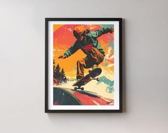 Vintage Skateboarder Poster – Retro Skate Art with Bright Orange & Red Accents