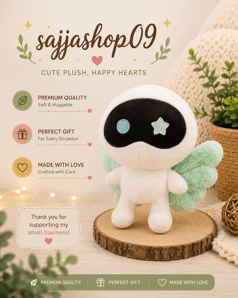 May include: A white plush angel doll with black accents, blue and green details, and mint green wings. The doll is displayed on a wooden slice. The text on the image says "sajjashop09" and "CUTE PLUSH, HAPPY HEARTS".