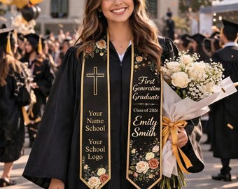 Personalized First Generation Graduation Stole, Christian Grad Sash Custom Name Class of 2026, Floral Cross Stole, College Grad Gift