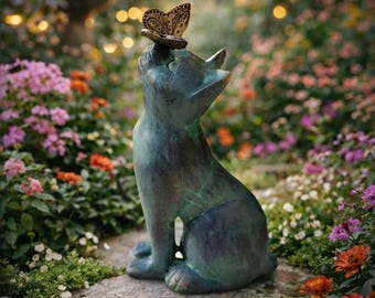 Katzen- und Schmetterlings-Gartenstatue, Harz-Katzendekor im Freien, niedliche Gartenverzierung für Hof, Katzenliebhabergeschenk, Skulptur im Freien