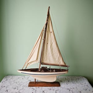 Vintage Handcrafted Wooden Sailing Yacht Model | Nautical Coastal Decor | Maritime Display Boat | Beach House