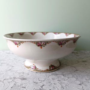 Antique Maastricht Ironstone Pedestal Bowl | Dutch Compote | Floral Rose Garland | Cottagecore Centrepiece
