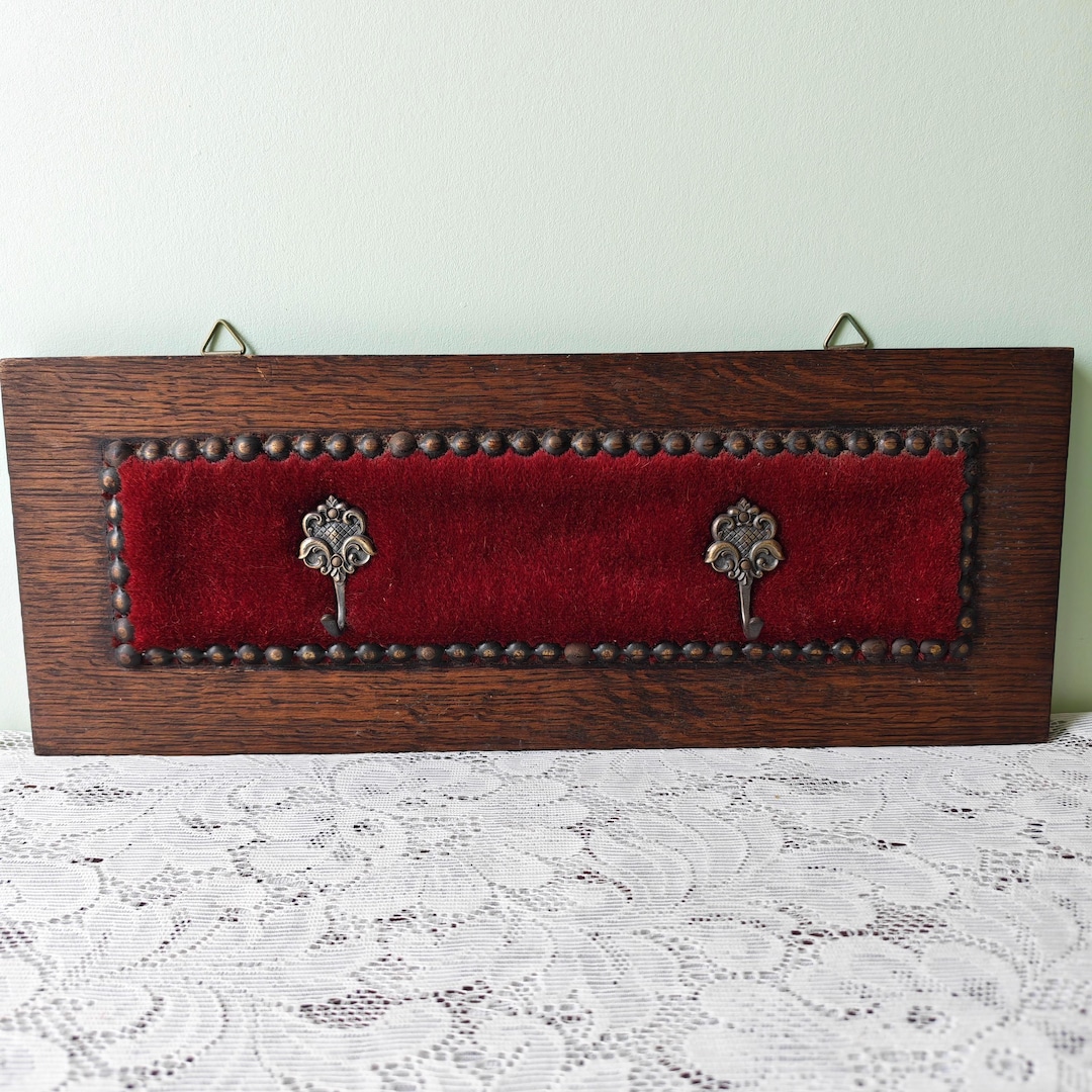 Vintage Red Velvet and Oak Wall Key Rack | Ornate Brass Hooks ...