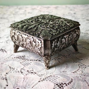 Antique Silver-Plated Jewelry Casket | Ornate Trinket Box | Raised Repoussé Design | Victorian/Art Nouveau Style