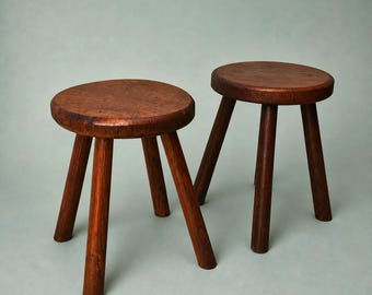 Pair of Vintage Wooden Stools | Solid Hardwood | Rustic Brutalist Style | French Country Decor
