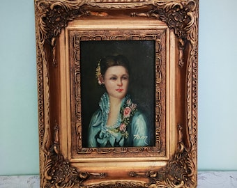 Retrato al óleo vintage de una dama / Cuadro enmarcado de estilo antiguo / Arte romántico para pared de galería / Decoración europea