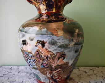 Jarrón de porcelana vintage estilo Satsuma japonés / Jarrón Geisha pintado a mano / Imari dorado Moriage / Decoración oriental